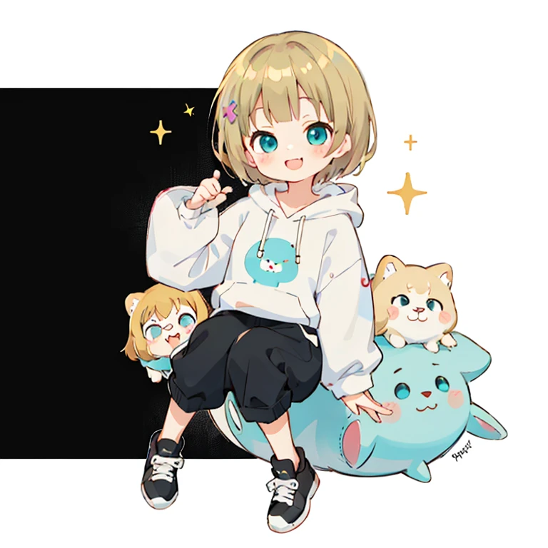Momoko Sakura style, Kawaii Design, (((Many people々)))、The most beautiful girl of all time、Little, Blonde Hair、Short Mash Hair、The front hair is even、Turquoise Eyes、White hoodie、Black hot pants、Black sneakers、He has food stuffed in his cheeks and looks happy.、breast enhancement、I puff out my cheeks