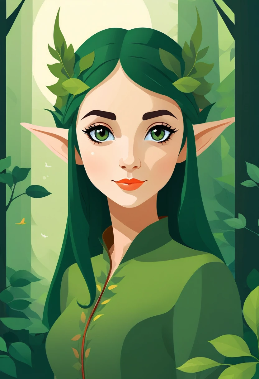 Cute girl forest elf (Close-up plane) Flat style vector art, Flat vector art uses simplicity in vector art、Pure expression,Highlight simplicity and clarity of form,Bring simplicity and modernity to your work