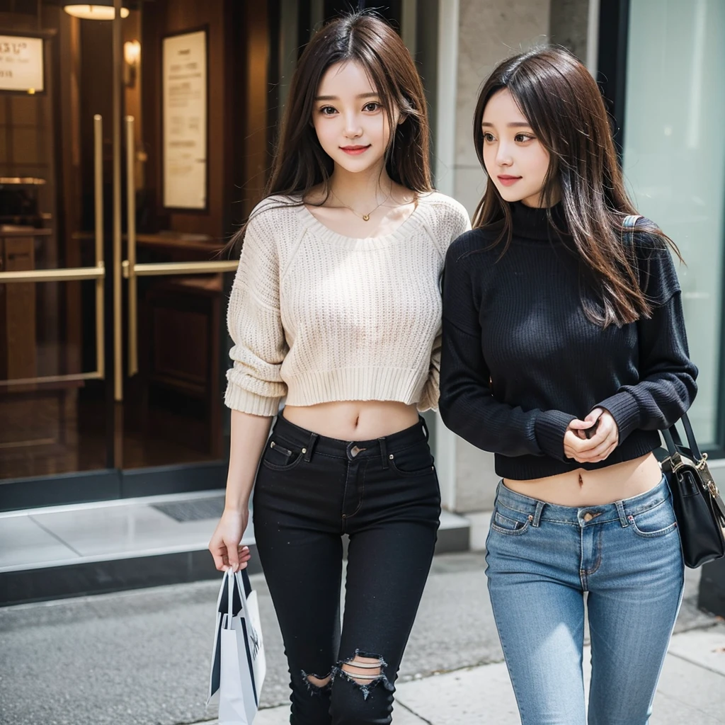cute girl,cropped sweater,damaged skinny pants,happy