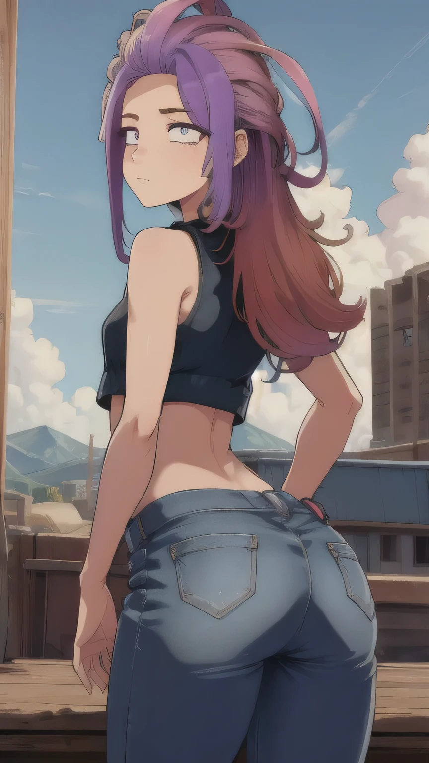 1 girl, Zoey, (Heterochromia:1.3), (long hair), (dirty hair), purple hair , in jeans and crop top, lush, magic hair, ass
