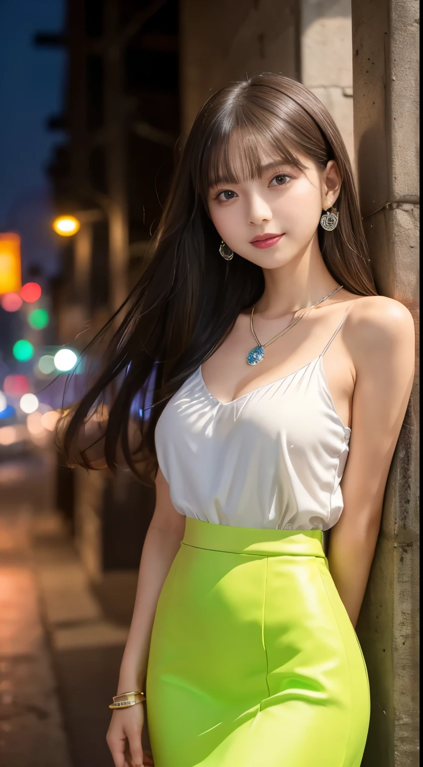 Yinzipin,China dress, ((whole body)), ((From below)), ((Jiufeng,Exposing shoulders)), ((The skirt is short)),((Leaking beautiful legs)), Clear Face, Pretty face, 8k, masterpiece, Original photo, highest quality, detailed:1.2,real, detailed, Very detaileded, CG, Unity, wallpaper, Depth of written boundary, Movie Light, Lens flare, Ray Tracing, (Very beautiful face, Beautiful Lips, Beautiful Eyes), complicated, detailed face, ((ultra detaileded skin)), 1 girl, In the Dark, Deep Shadow, Beautiful Korean Girl, K-Pop Idols,(Very slim figure:1.3), Ample breasts, Slim sexy legs, Graceful posture, (Bright smile), (City night, (Neon Light), (night), Beautiful Korean Girl, White Diamond Earrings, Diameter Bracelet, Deer Necklace, Clear Eyes, Look forward, (Big eyes)