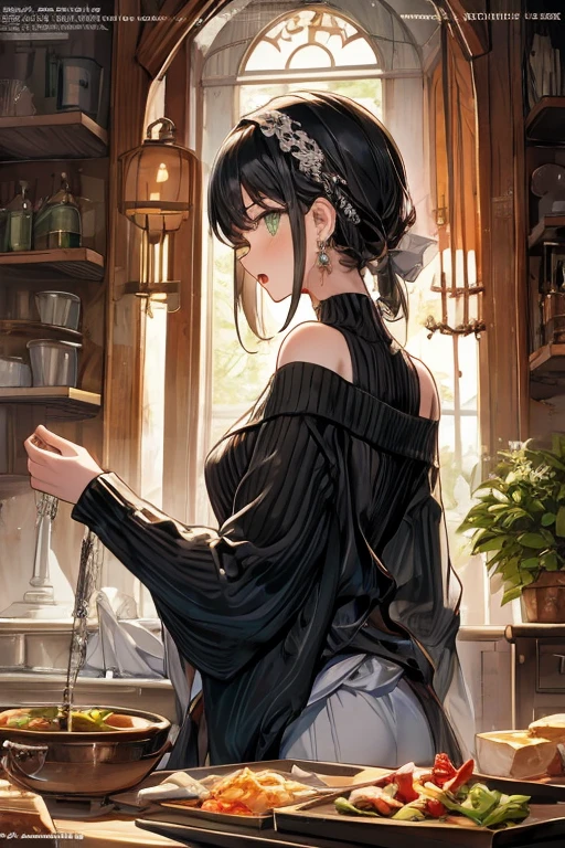 (small breasts:1.3), (perky chest:1.1), (pointed chest:1.0), (fashion magazine cover:1.3),(from below:1.0),(from side:0.9),masterpiece, 1girl, Amazing Cleavage:1.1, thin waist, big ass, Raised sexy, small breast: 1.3, posed cleavage:1.2、solo, looking at viewer, open mouth, have a cute grass of cute beergrass,black hair, dark green eyes, dress, bare shoulders, jewelry, collarbone, sidelocks, hairband, earrings, indoors, off shoulder, :o, sweater, arms behind back, plant, short hair with long locks, gild hairband, off-shoulder dress, sweater dress, off-shoulder sweater, red sweater, dark gord hair, big side hair, very long side hair,is rendered in (masterpiece: 1.2, best quality), with (ultra high resolution) and an exquisite (depth of field). This masterpiece is not only visually stunning but also tells,A scene of cooking in the kitchen by classroom