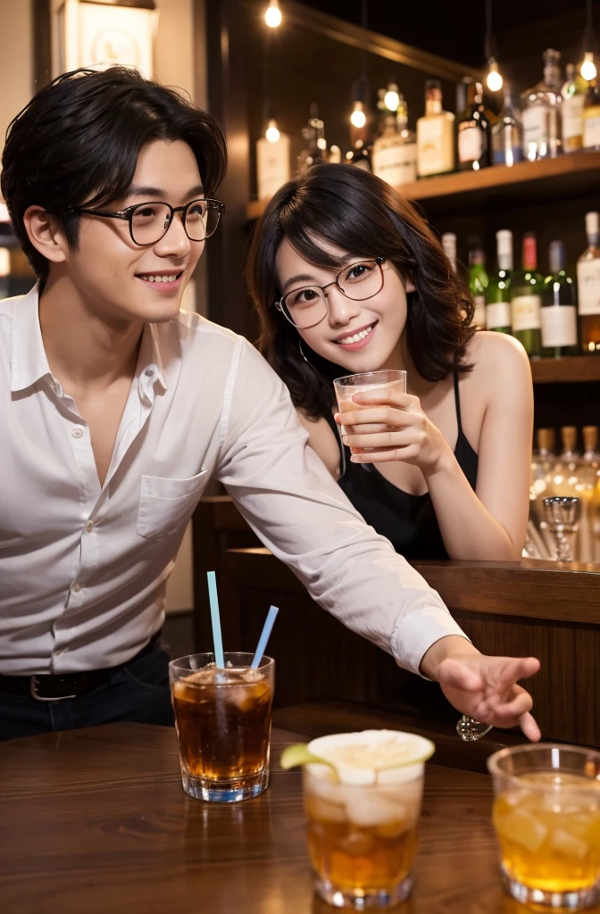 (masterpiece:1.2), high quality, High resolution, High-definition images like those taken with a high-end camera、Couple、banquet、The man is a 24-year-old Japanese man.、Cut your hair short、Black Hair、Curly hair、Beautiful woman holding glasses and a cup、The woman is an 18-year-old Japanese woman.、A lovely smile while drinking alcohol、The location is a dimly lit bar、In the background you can see a man and a woman enjoying a drink