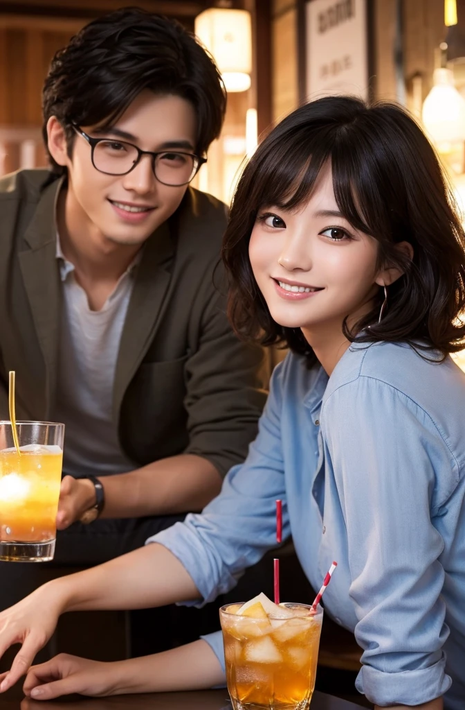 (masterpiece:1.2), high quality, High resolution, High-definition images like those taken with a high-end camera、Couple、banquet、The man is a 24-year-old Japanese man.、Cut your hair short、Black Hair、Curly hair、Beautiful woman holding glasses and a cup、The woman is an 18-year-old Japanese woman.、A lovely smile while drinking alcohol、The location is a dimly lit bar、In the background you can see a man and a woman enjoying a drink