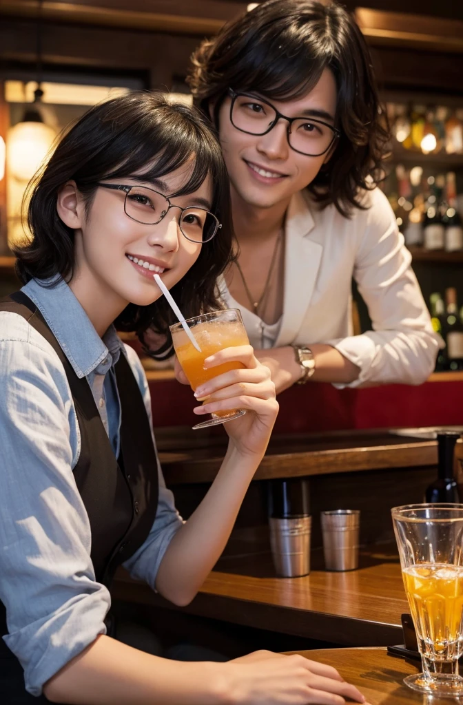 (masterpiece:1.2), high quality, High resolution, High-definition images like those taken with a high-end camera、Couple、banquet、The man is a 24-year-old Japanese man.、Cut your hair short、Black Hair、Curly hair、Beautiful woman holding glasses and a cup、The woman is an 18-year-old Japanese woman.、A lovely smile while drinking alcohol、The location is a dimly lit bar、In the background you can see a man and a woman enjoying a drink