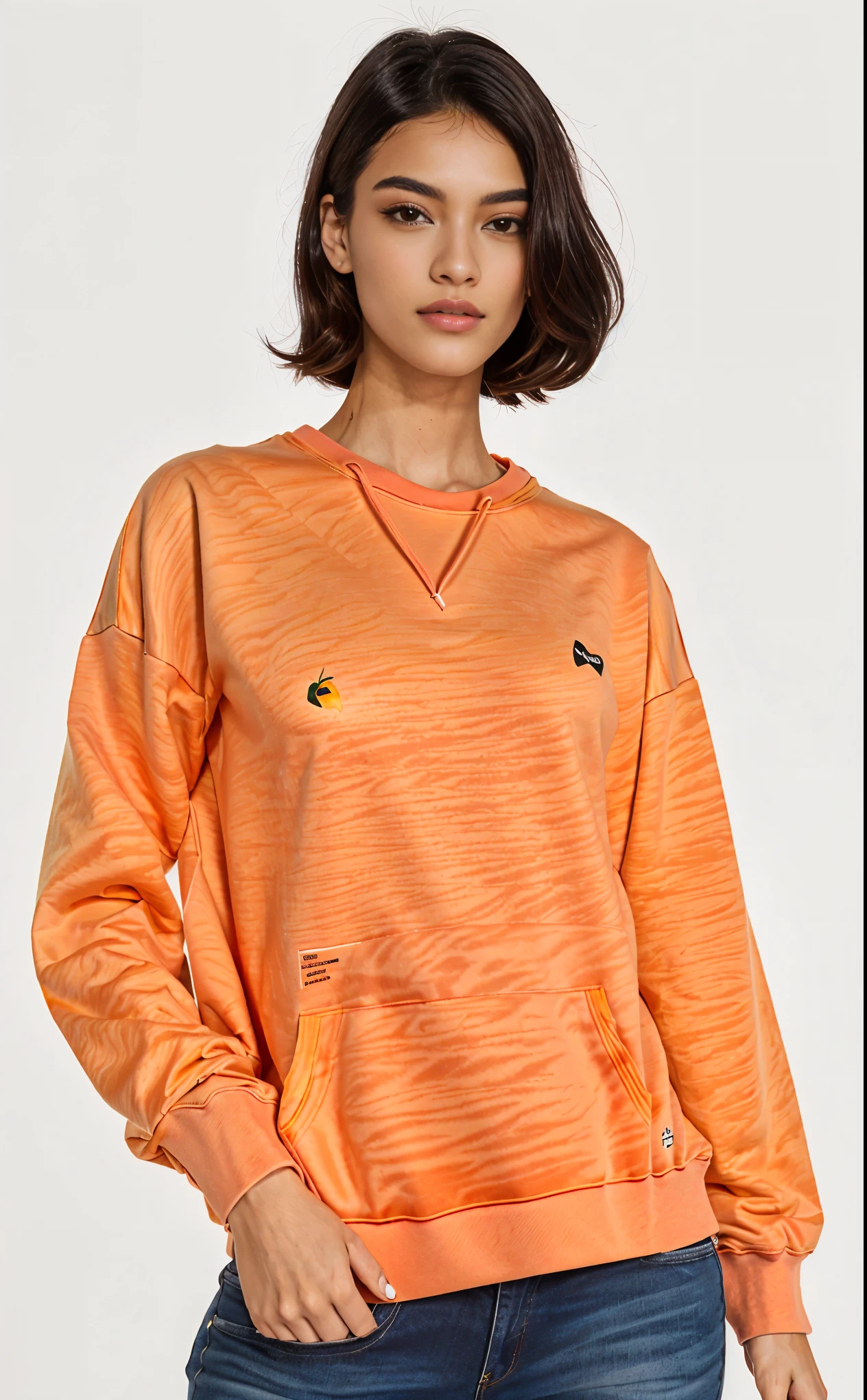 a woman in an Laranja sweatshirt posing for a picture, long Laranja sweatshirt, Manga compridas, neon Laranja, wearing an Laranja t shirt, wearing an Laranja t-shirt, Laranja hue, Laranja neon, Laranja color, Laranja hoodie, dark Laranja, Laranja, very Laranja, Manga comprida, vibrant Laranja, vibrant but dreary Laranja, com ombreiras, basic, mangas bufantes