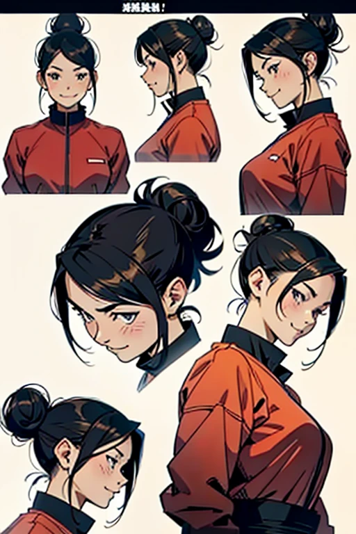 Girl with black hair in a bun smiling, detailed expression, manga page with panels and dialogue