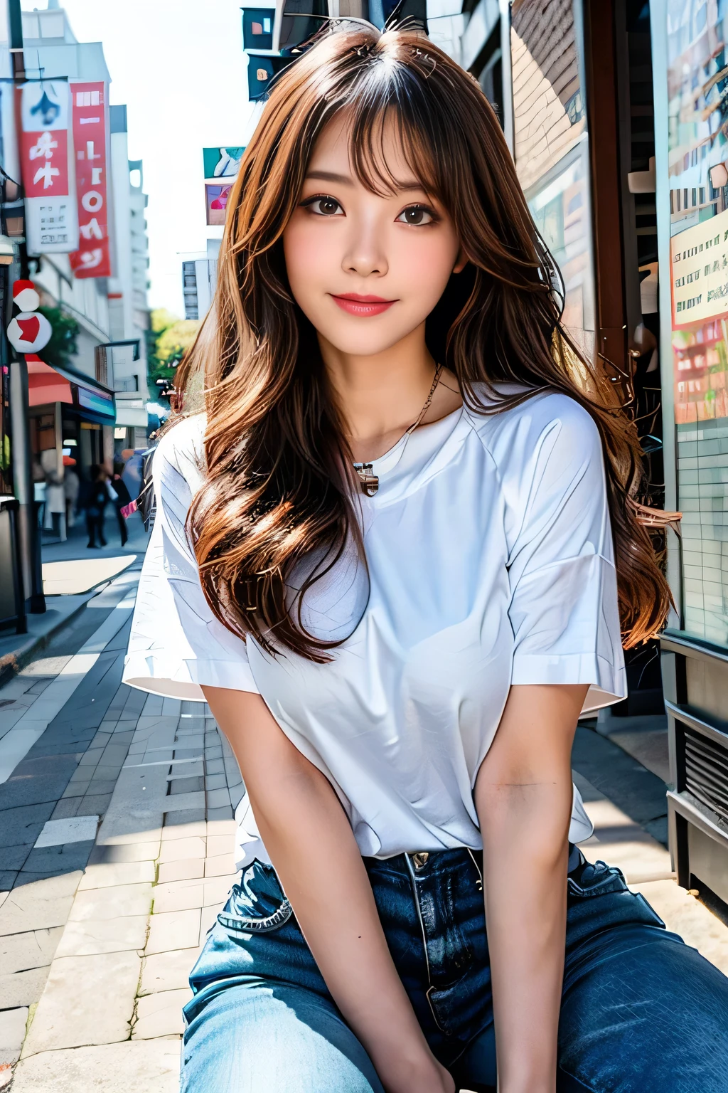 ((Full Body Angle))、((highest quality, 8K, masterpiece: 1.3)), concentrated: 1.2, Cute girl 1,Nipples erect、 Perfect beauty: 1.4,Cut and sewn T-shirt Raglan sleeve summer short sleeve T-shirt.Shorts: 1.2,Long sleeve、Randall Color、comics＆Text Graphics、Black ruffle-trimmed drawstring zip blouse,1.1, Highly detailed face and skin textures, Fine grain, double eyelid, whitening skin, ,highest quality,Ultra-high resolution,you,1 girl,alone,_Shiny_skin,Iris,necklace,((Brown_length_Wavy_hair)),(lips)),eyelash,Front hair,deal with,compensate,Shiny,pore,skin texture,Large Breasts、smiling face、((Front hair:1.2))、stroll、