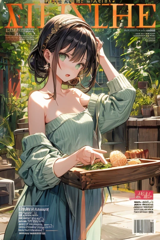 (small breasts:1.3), (perky chest:1.1), (pointed chest:1.0), (fashion magazine cover:1.3),(from below:1.0),(from side:0.9),masterpiece, 1girl, Amazing Cleavage:1.1, thin waist, big ass, Raised sexy, small breast: 1.3, posed cleavage:1.2、solo, looking at viewer, open mouth, have a cute grass of cute beergrass,black hair, dark green eyes, dress, bare shoulders, jewelry, collarbone, sidelocks, hairband, earrings, indoors, off shoulder, :o, sweater, arms behind back, plant, short hair with long locks, gild hairband, off-shoulder dress, sweater dress, off-shoulder sweater, red sweater, dark gord hair, big side hair, very long side hair,is rendered in (masterpiece: 1.2, best quality), with (ultra high resolution) and an exquisite (depth of field). This masterpiece is not only visually stunning but also tells,A scene of cooking in the kitchen by classroom