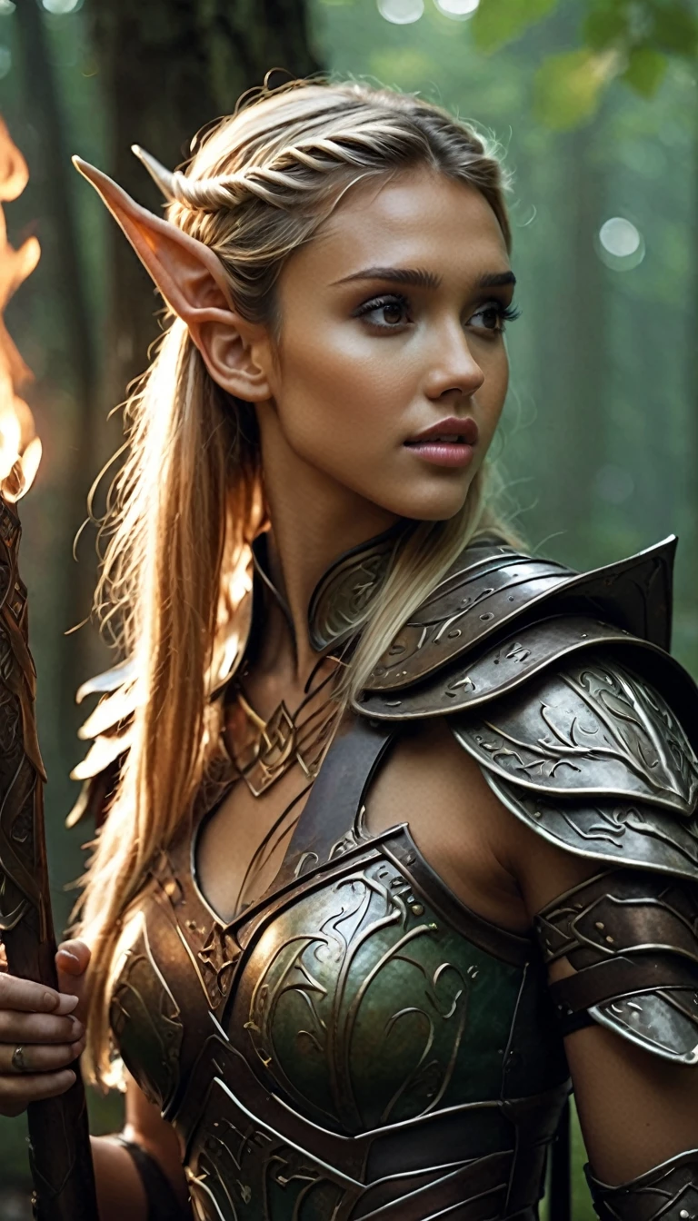 cinematic Glamour photo cinematic photo (masterpiece, 4k, elf woman with Jessica Alba's face, perfect face, best quality), photo of very beautiful young slim sexy dirty  elf warrior, blonde hair, light lether armor, tunic, ancient forgotten symbols on armor, muscular body, standing in forest city. 35mm photograph, film,  professional, 4k, highly detailed . 35mm photograph, film, professional, 4k, highly detailed (freckles:0.5) , (coy smile), (elven features), (night time:1.3), (Fire side fairytale lighting:1.2) , jessica_alba