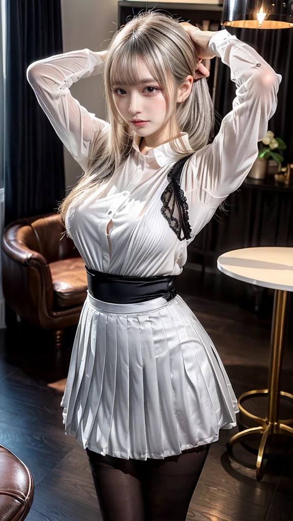 female sign, ((1 girl)), Ray tracing, (Dim lighting), (Detailed background (livingroom)), ((Silver hair)), ((Silver hair)), (Fluffy silver hair, plump and slender girl)) with high ponytail))) Avoid the golden eye in the sinister livingroom (((Girl in white shirt,  pleated skirt, with black transparent pantyhose), showing a delicate slim figure and graceful curves, perfect body shape, large breasts, Correct limbs, Hands behind the head, Hands behind the head, (kneeing), Eye details, Beautiful eyes, Delicate eyes, Protruding big