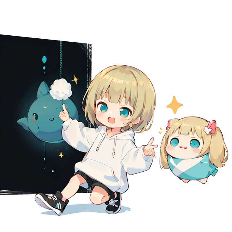 Momoko Sakura style, Kawaii Design, (((Many people々)))、The most beautiful girl of all time、Little, Blonde Hair、Short Mash Hair、The front hair is even、Turquoise Eyes、White hoodie、Black hot pants、Black sneakers、He has food stuffed in his cheeks and looks happy.、breast enhancement、I puff out my cheeks
