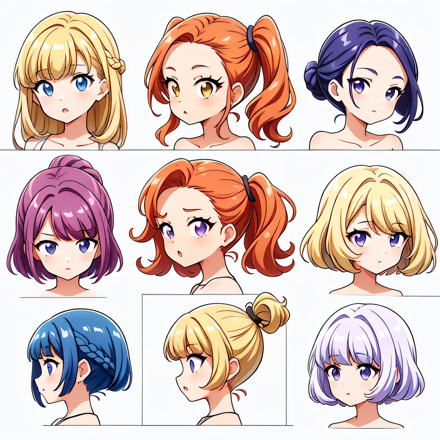 9 Girls, White Background,  Various characters, Multiple Views, (head close up, Portraiture, Mugshot), good, Exposing shoulders, bikini, Different hair colors, Various Hair Styles, 
Twin tail hairstyle, 
ponytail, wavy
longhair, 
goodid, 
Parted bangs, 
high ponytail, 
Low ponytail, 
Big Hair, Cornrows, 
Hair Bun, 
Hair Ring, 
Half-up hairstyle, 
Diagonal bangs, 
Two Side Up Hair, 
Reverse hair, 
Blunt bangs, 

Hair color with warm tones, 
Cool tone hair color, 
Brown Hair Color, 
Red Hair Color, 
Yellow hair color, 
white hair color, 
Purple hair color, 
Blue Hair Color,