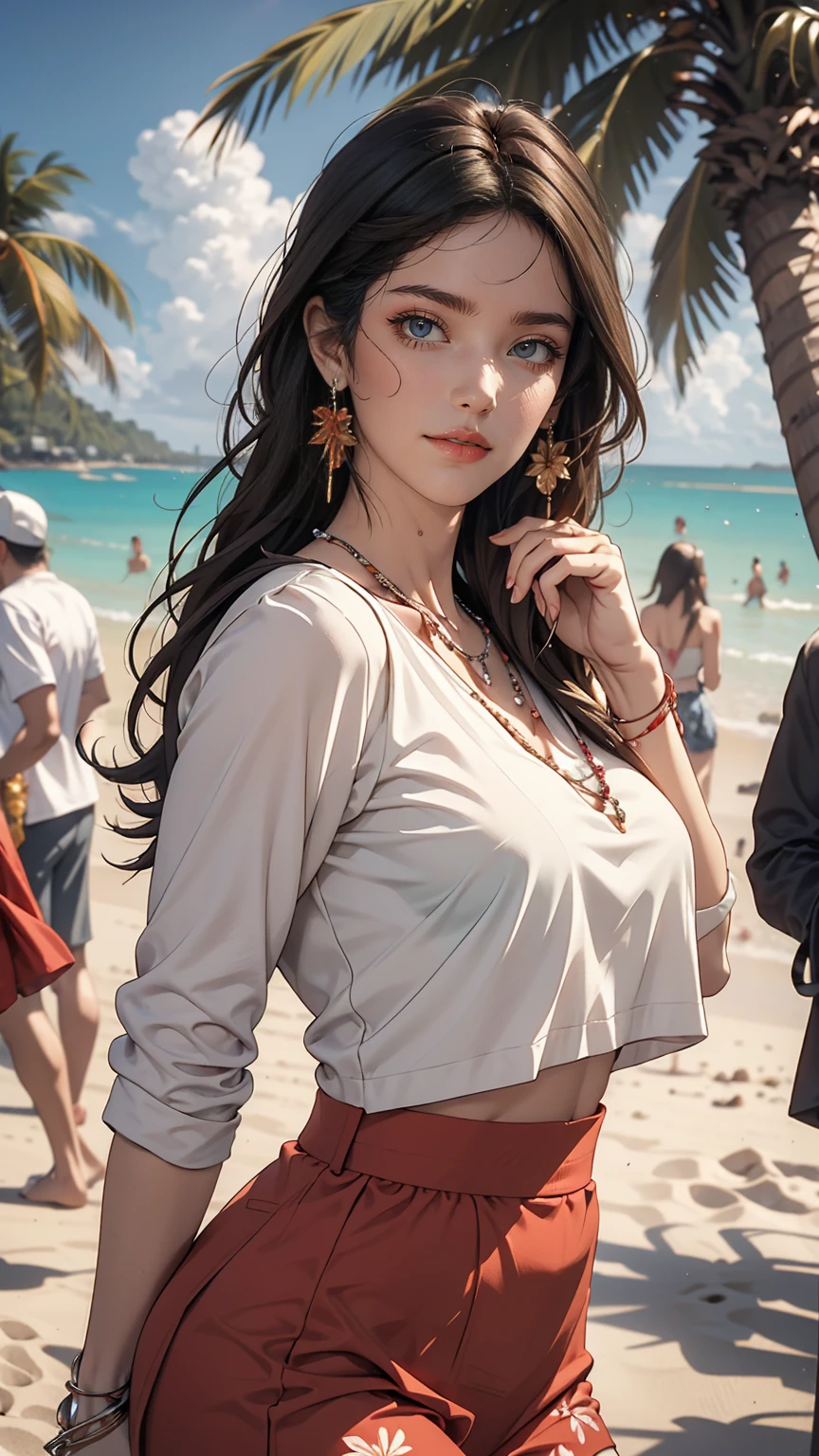 Black shawl hair,red t-shirt,black short skirt,Teenage girl walking on the beach,8k,(high qulity:1.1),(SENSE OF CINEMA:1.1)