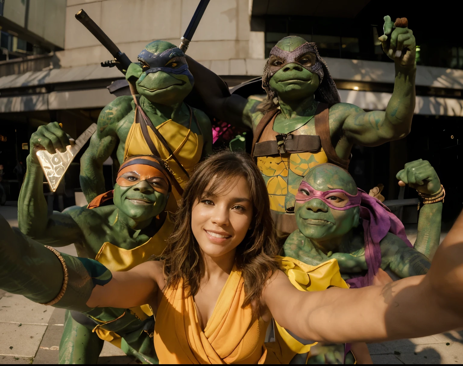 (Best quality, 8k, 32k, Masterpiece, UHD:1.2) Transform the setting of this image to feature April O'Neal taking a selfie with the Teenage Mutant Ninja Turtles in the background on the streets of New York City. The environment should showcase the urban landscape with detailed buildings, street elements, and a vibrant city atmosphere.

Introduce April O'Neal in the foreground, holding her phone and smiling as she takes a selfie. The Teenage Mutant Ninja Turtles should be in the background, visible in the selfie shot. They should have realistic reptilian details and textures while maintaining their humanoid appearance, with 3 finger digits and two toes. Leonardo, with a textured blue bandana, should have smooth, greenish-brown skin and a detailed shell featuring subtle patterning. Michelangelo, wearing an orange bandana, should have a speckled, olive-green skin tone with webbed fingers and toes. Donatello, in a purple bandana, should exhibit darker, rugged skin with patches of mottled brown. Raphael, sporting a red bandana, should have rougher skin texture with visible veins and a deep green hue.

Highlight their reptilian nature with realistic skin textures, scales, and moist surfaces. Each turtle should be depicted in a casual, playful pose, reflecting their unique personalities.

The lighting should be dynamic, with contrasted shadows and highlights that accentuate their forms and the details of their surroundings. Utilize the environmental lighting from the city, such as streetlights, neon signs, and illuminated windows, to cast realistic glows and reflections on April, the turtles, and urban elements.

Ensure the scene captures the energy and excitement of the turtles enjoying a moment on the bustling streets of New York City, with the towering buildings and city lights providing a dramatic and engaging backdrop.