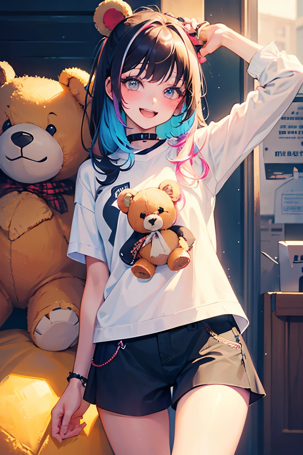 （Awareness-raising：1.3）Smiling girl with open mouth and teddy bear,drawn with multicolored ink,Punk Style,Innocent Teddy Bear,Shine,delicate,high resolution,Honey is dripping