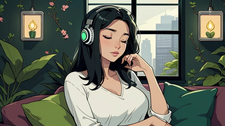 Beautiful woman in her 30s with black hair is sitting on the sofa with her eyes closed. and wearing headphones listening to music. Looking down, eyes closed, LOFI girl, alone in the room, V-neck blouse, cozy wallpaper, big cushion, bookshelf, beautiful flowers, plants, relaxing mood, night core, cozy, wide glass window with skyscrapers, outside view at night, only five fingers, dark room, green wall,