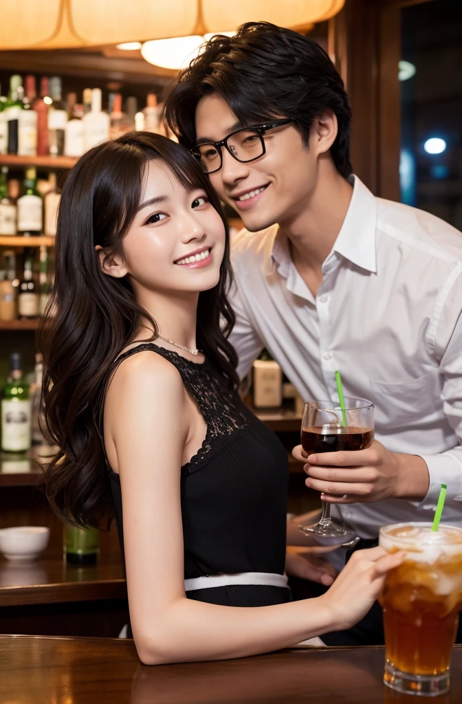 (masterpiece:1.2), high quality, High resolution, High-definition images like those taken with a high-end camera、Couple、banquet、The man is a 24-year-old Japanese man.、Cut your hair short、Black Hair、Curly hair、Beautiful woman holding glasses and a cup、The woman is an 18-year-old Japanese woman.、A lovely smile while drinking alcohol、The location is a dimly lit bar、In the background you can see a man and a woman enjoying a drink