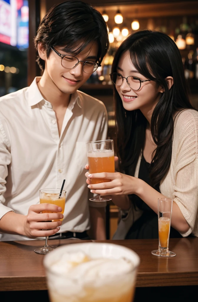 (masterpiece:1.2), high quality, High resolution, High-definition images like those taken with a high-end camera、Couple、banquet、The man is a 24-year-old Japanese man.、Cut your hair short、Black Hair、Curly hair、Beautiful woman holding glasses and a cup、The woman is an 18-year-old Japanese woman.、A lovely smile while drinking alcohol、The location is a dimly lit bar、In the background you can see a man and a woman enjoying a drink