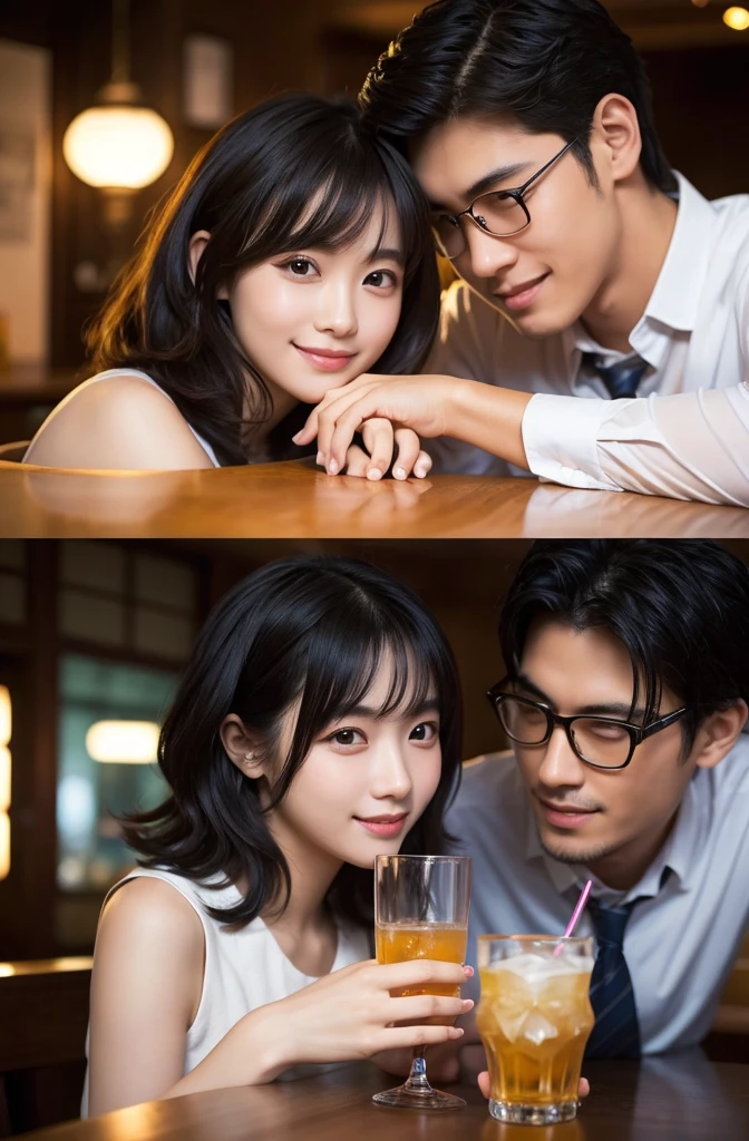 (masterpiece:1.2), high quality, High resolution, High-definition images like those taken with a high-end camera、Couple、banquet、The man is a 24-year-old Japanese man.、Cut your hair short、Black Hair、Curly hair、Beautiful woman holding glasses and a cup、The woman is an 18-year-old Japanese woman.、A lovely smile while drinking alcohol、The location is a dimly lit bar、In the background you can see a man and a woman enjoying a drink