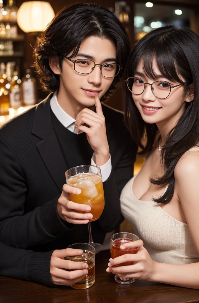 (masterpiece:1.2), high quality, High resolution, High-definition images like those taken with a high-end camera、Couple、banquet、The man is a 24-year-old Japanese man.、Cut your hair short、Black Hair、Curly hair、Beautiful woman holding glasses and a cup、The woman is an 18-year-old Japanese woman.、A lovely smile while drinking alcohol、The location is a dimly lit bar、In the background you can see a man and a woman enjoying a drink