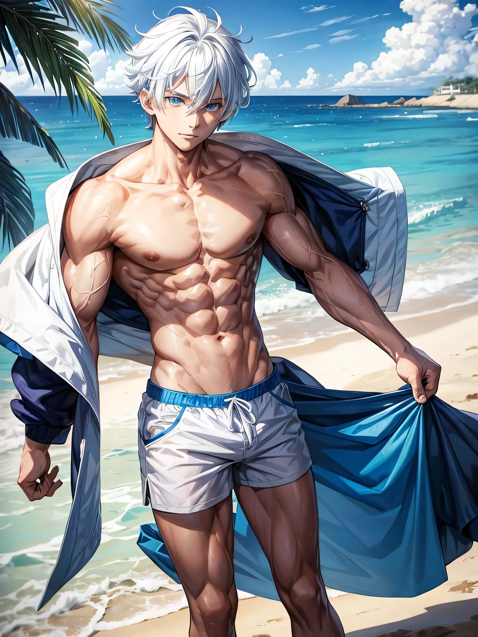 Anime guy about 15, shirtless, with blue eyes and white hair, muscular, 6 pack abs, with white shorts, on the beach  