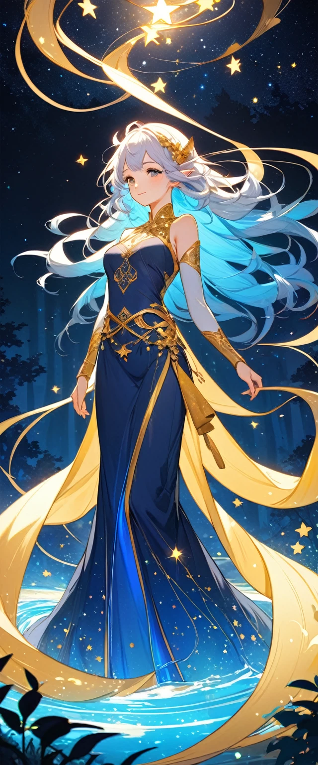      naughty elf.Night Guardian.Deep forest background，Narrative poetry with a dreamy atmosphere，The starry sky sparkles with golden stars，The beautiful oriental girl transforms into an elf and wears blue luminous silk，clean background，Messy hair，A large amount of stardust gathers into a swimming winding river of stars，The wind blows golden lines with soft glow，Flat design style，Highly saturated colors，Golden light spots shine on the face of the beautiful girl，quiet and gentle。