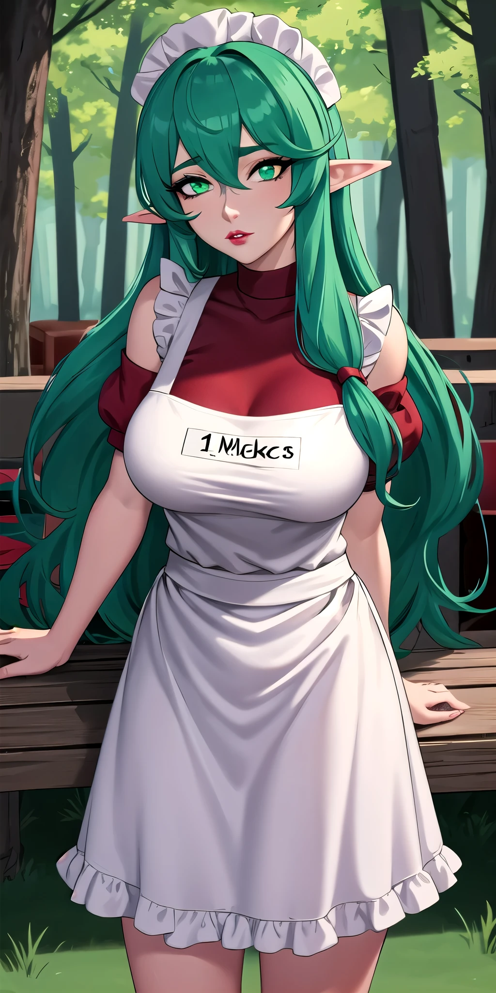 masterpiece:1.5, best quality:1.5, aesthetic, 1girl, sidelocks, cinematic lighting, sharp focus,large breasts , mature female, horny ,16k, glowing eyes, detailed 4k eyes,
playground,seduction,sexy lips, parted lips,detailed lips,
red lips, high detailed background,green eyes, ((big green eyes)), detailed face,
flora_top,forest,tree, sunlight, sun,
elf ears,long hair,green eyes,apron,dress, green hair,name tag,hair between eyes,bare shoulders,short sleeves,frills,waist apron,sidelocks
