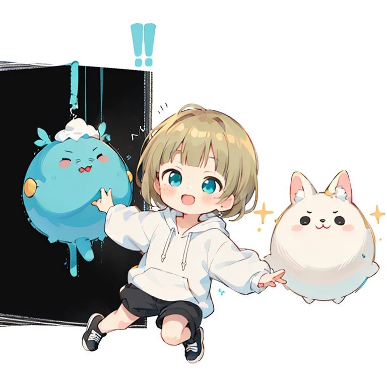 Momoko Sakura style, Kawaii Design, (((Many people々)))、The most beautiful girl of all time、Little, Blonde Hair、Short Mash Hair、The front hair is even、Turquoise Eyes、White hoodie、Black hot pants、Black sneakers、He has food stuffed in his cheeks and looks happy.、breast enhancement、I puff out my cheeks