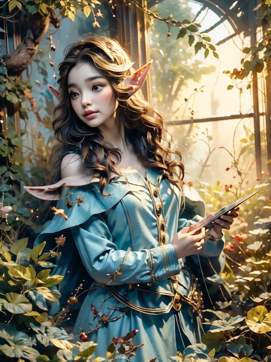 1girl, (Elf Magician:1.5)，Magic energy gathers in the palm of your hand, Autumn braids and cape flying in the wind, The delicate leaf-shaped armor shimmers in the mysterious forest mist behind her, A wolf stood firmly beside her, Prepare for an adventure, Dynamic fantasy scenery, Radiant lighting