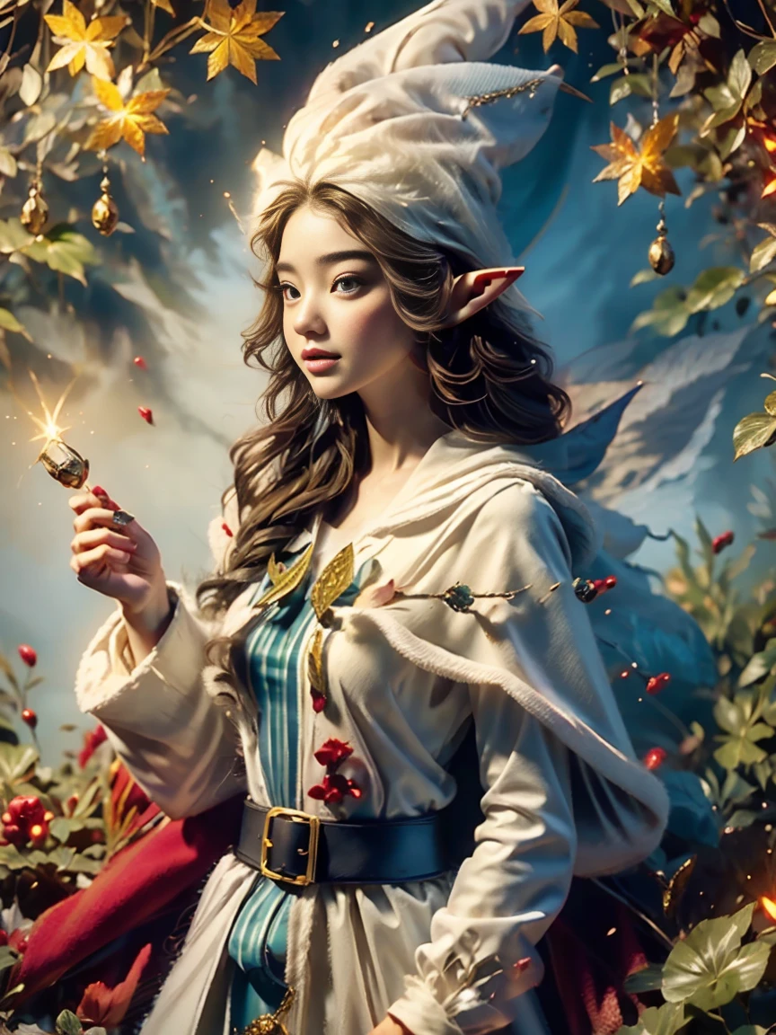 1girl, (Elf Magician:1.5)，Magic energy gathers in the palm of your hand, Autumn braids and cape flying in the wind, The delicate leaf-shaped armor shimmers in the mysterious forest mist behind her, A wolf stood firmly beside her, Prepare for an adventure, Dynamic fantasy scenery, Radiant lighting