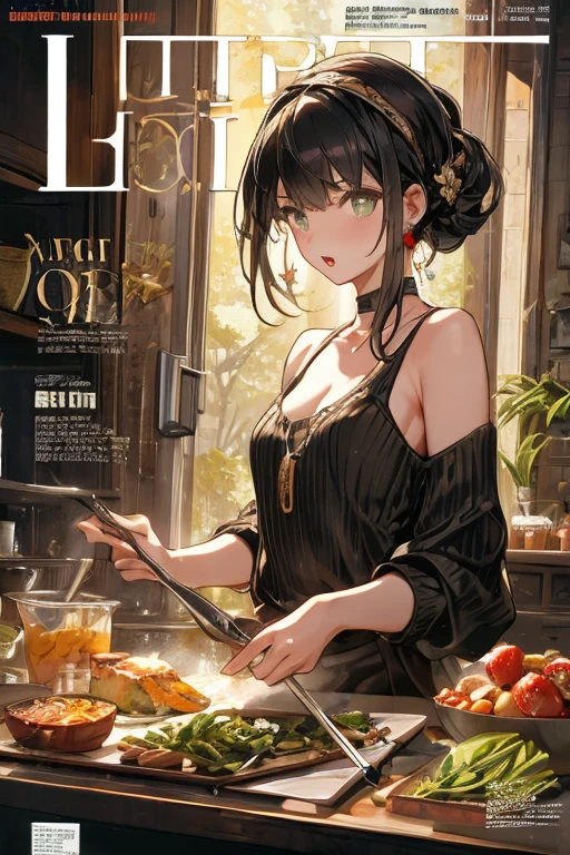 (small breasts:1.3), (perky chest:1.1), (pointed chest:1.0), (fashion magazine cover:1.3),(from below:1.0),(from side:0.9),masterpiece, 1girl, Amazing Cleavage:1.1, thin waist, big ass, Raised sexy, small breast: 1.3, posed cleavage:1.2、solo, looking at viewer, open mouth, have a cute grass of cute beergrass,black hair, dark green eyes, dress, bare shoulders, jewelry, collarbone, sidelocks, hairband, earrings, indoors, off shoulder, :o, sweater, arms behind back, plant, short hair with long locks, gild hairband, off-shoulder dress, sweater dress, off-shoulder sweater, red sweater, dark gord hair, big side hair, very long side hair,is rendered in (masterpiece: 1.2, best quality), with (ultra high resolution) and an exquisite (depth of field). This masterpiece is not only visually stunning but also tells,A scene of cooking in the kitchen by classroom