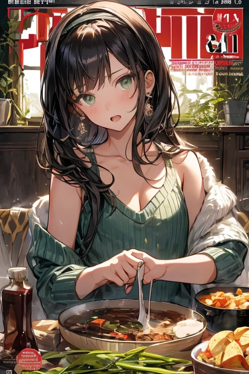 (small breasts:1.3), (perky chest:1.1), (pointed chest:1.0), (fashion magazine cover:1.3),(from below:1.0),(from side:0.9),masterpiece, 1girl, Amazing Cleavage:1.1, thin waist, big ass, Raised sexy, small breast: 1.3, posed cleavage:1.2、solo, looking at viewer, open mouth, have a cute grass of cute beergrass,black hair, dark green eyes, dress, bare shoulders, jewelry, collarbone, sidelocks, hairband, earrings, indoors, off shoulder, :o, sweater, arms behind back, plant, short hair with long locks, gild hairband, off-shoulder dress, sweater dress, off-shoulder sweater, red sweater, dark gord hair, big side hair, very long side hair,is rendered in (masterpiece: 1.2, best quality), with (ultra high resolution) and an exquisite (depth of field). This masterpiece is not only visually stunning but also tells,A scene of cooking in the kitchen by classroom