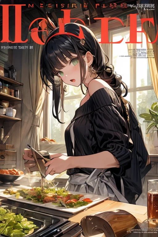(small breasts:1.3), (perky chest:1.1), (pointed chest:1.0), (fashion magazine cover:1.3)，(from below:1.0),(from side:0.9),masterpiece, 1girl, Amazing Cleavage:1.1, thin waist, big ass, Raised sexy, small breast: 1.3, posed cleavage:1.2、solo, looking at viewer, open mouth, have a cute grass of cute beergrass,black hair, dark green eyes, dress, bare shoulders, jewelry, collarbone, sidelocks, hairband, earrings, indoors, off shoulder, :o, sweater, arms behind back, plant, short hair with long locks, gild hairband, off-shoulder dress, sweater dress, off-shoulder sweater, red sweater, dark gord hair, big side hair, very long side hair,is rendered in (masterpiece: 1.2, best quality), with (ultra high resolution) and an exquisite (depth of field). This masterpiece is not only visually stunning but also tells,A scene of cooking in the kitchen by classroom
