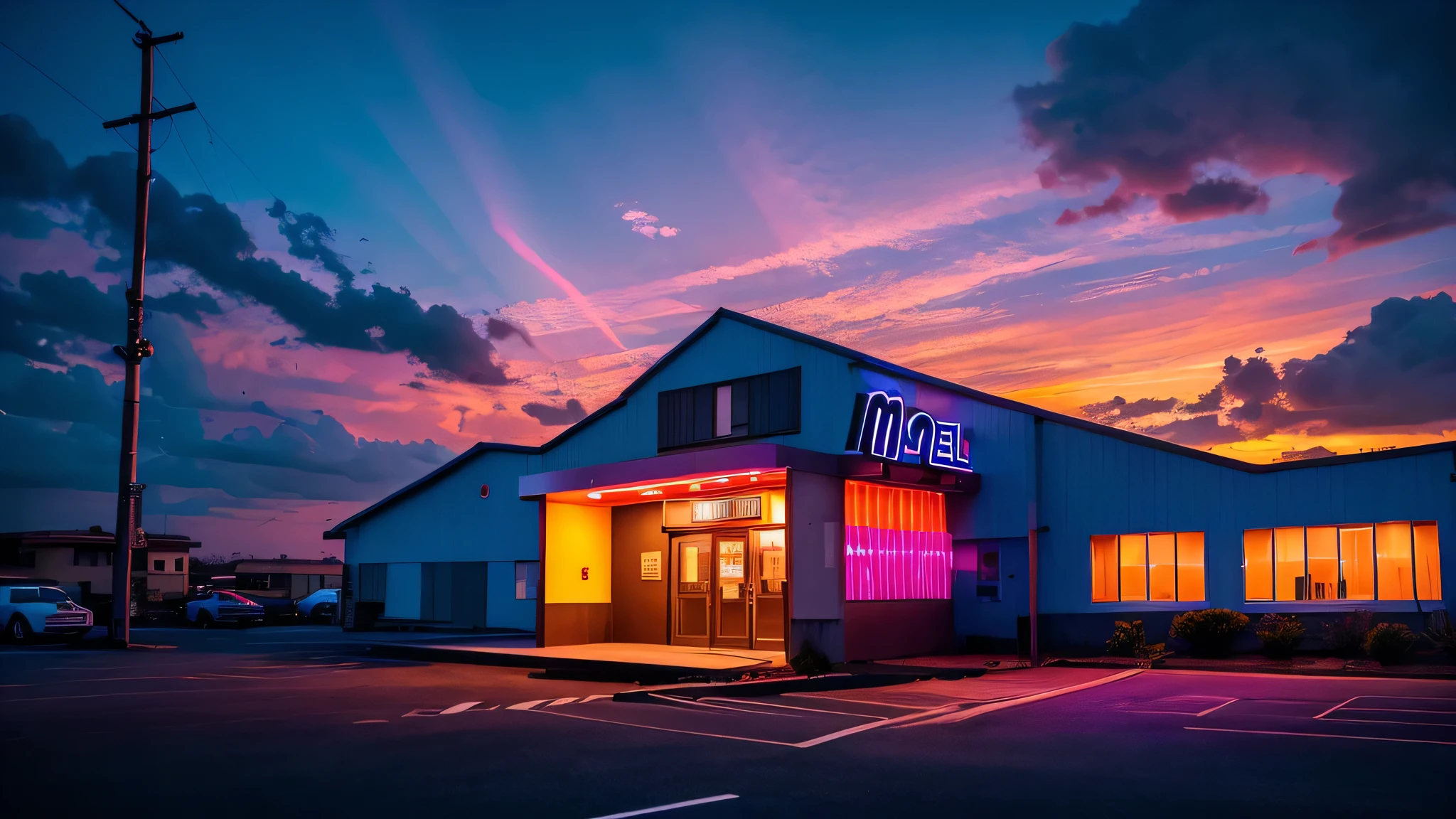 A striking image of a neon 'MOTEL' sign glowing brightly against a dramatic sunset sky. The sky is filled with hues of orange, pink, and purple, with scattered clouds adding depth and texture to the scene. The neon lights of the sign contrast beautifully with the vibrant colors of the sky.