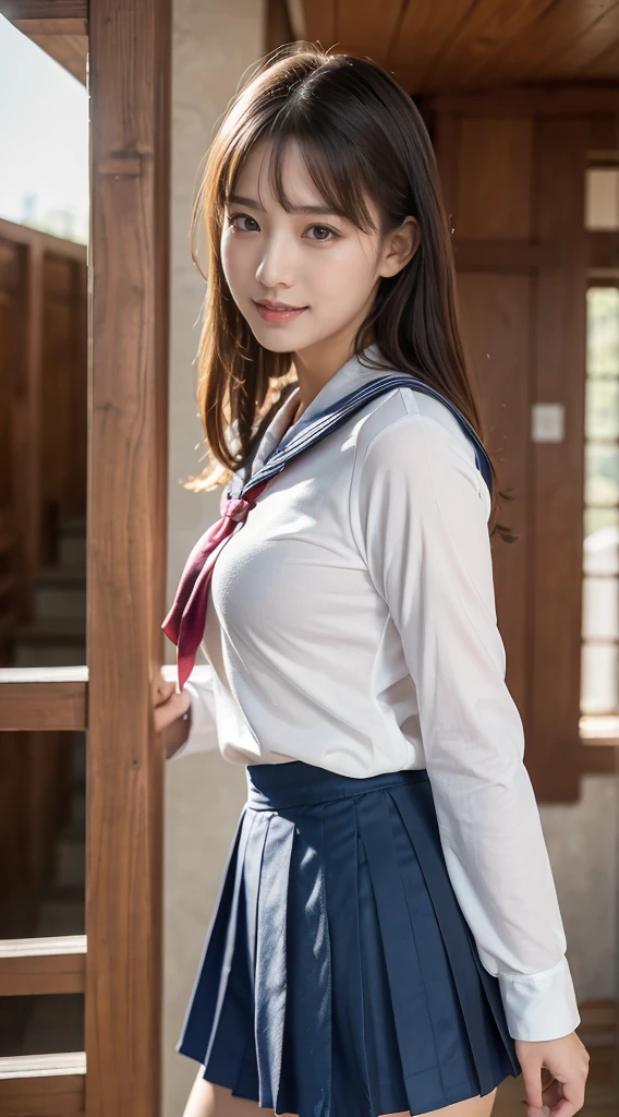  (8K, best quality, masterpiece:1.2), (realistic, photo-realistic:1.37), (high color saturation:1.0),  (highly detailed skin), (highest quality:1.0), (ultra high resolution:1.0) ,(realistic:1.0), (Super detailed:1.0), (8K, Raw photo:1.1)、standing random pose, smiling, natural breast, perfect lighting, ((3girls students)), 18years old, (mysterious), clear and detailed, ((school_uniform, Japanese sailor uniform, flared skirt)), (indoor school climb the stairs), surprised face, (white_panties), looking at back viewer, nsfw, low angle photo,