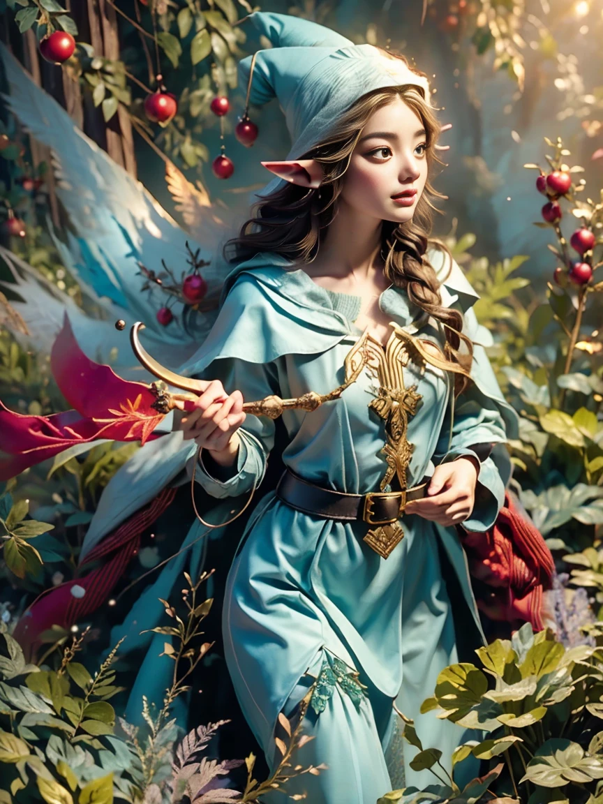 1girl, (Elf Magician:1.5)，Magic energy gathers in the palm of your hand, Autumn braids and cape flying in the wind, The delicate leaf-shaped armor shimmers in the mysterious forest mist behind her, A wolf stood firmly beside her, Prepare for an adventure, Dynamic fantasy scenery, Radiant lighting