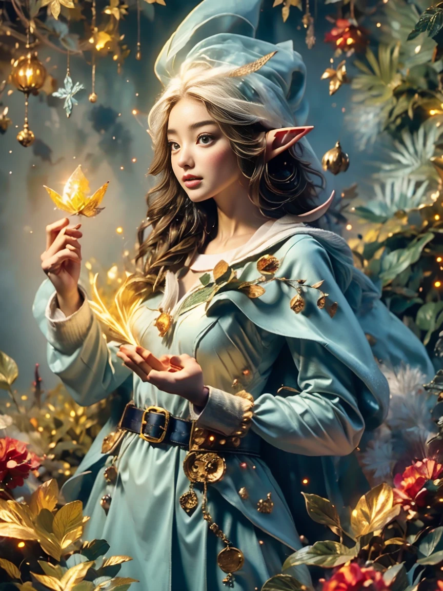 1girl, (Elf Magician:1.5)，Magic energy gathers in the palm of your hand, Autumn braids and cape flying in the wind, The delicate leaf-shaped armor shimmers in the mysterious forest mist behind her, A wolf stood firmly beside her, Prepare for an adventure, Dynamic fantasy scenery, Radiant lighting