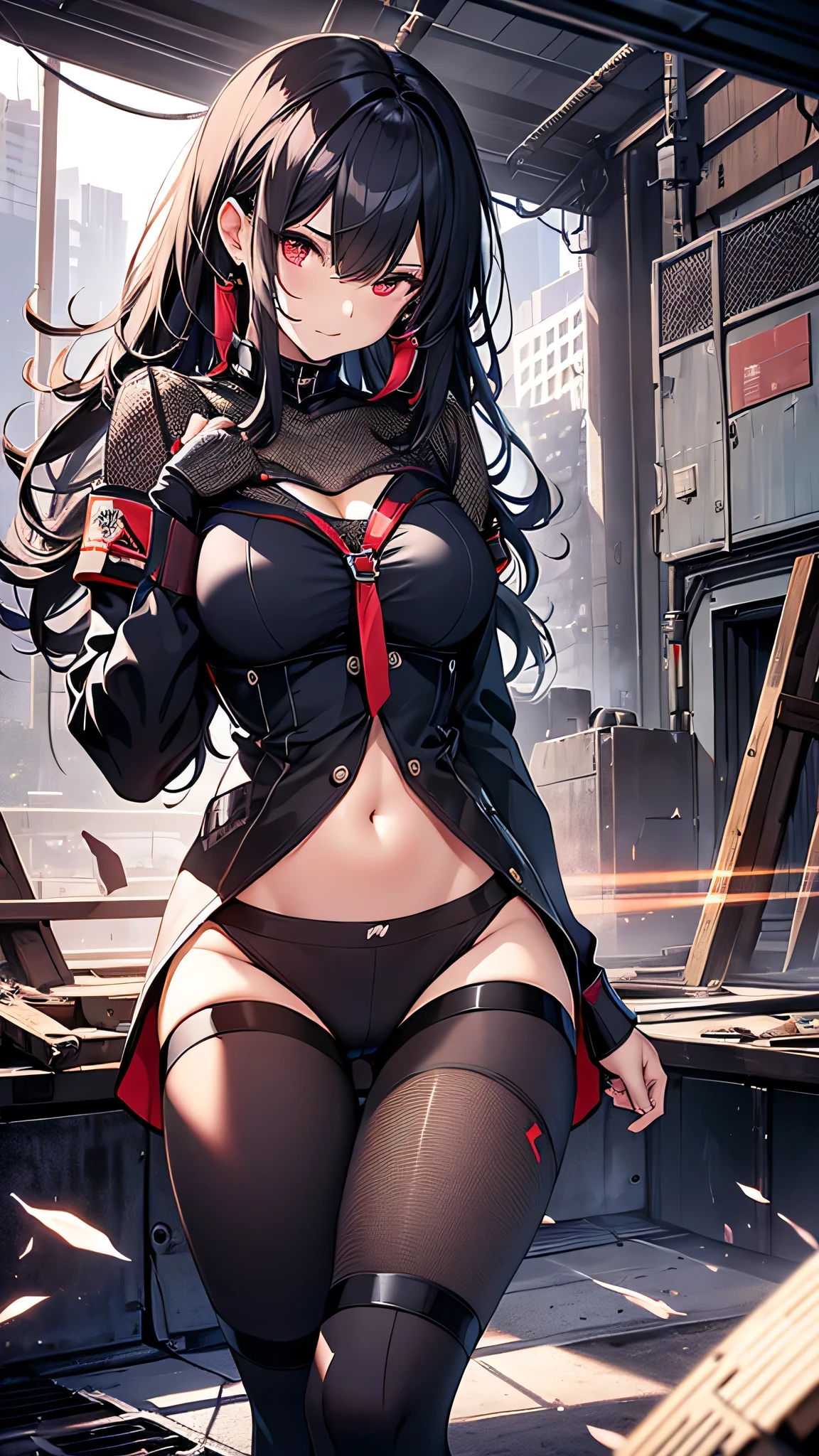 Highest quality、Highest quality、Masterpiece、girl((American、half、18-year-old、as soon as、Highest Bust、Medium Bust、Wide open chest、Red glowing eyes、Black Ear、Red Mesh、Disheveled Hair、Loincloth、thin、The best valley、Open chest、hair ornaments、Full body view、pants、shortTshirt、Random Pause))、high quality、Beautiful Art、background((military base))、flight、Flying Debris、Depth of text、movie、Visual Arts、Perfect Art、8K、Genuine、Special Angles