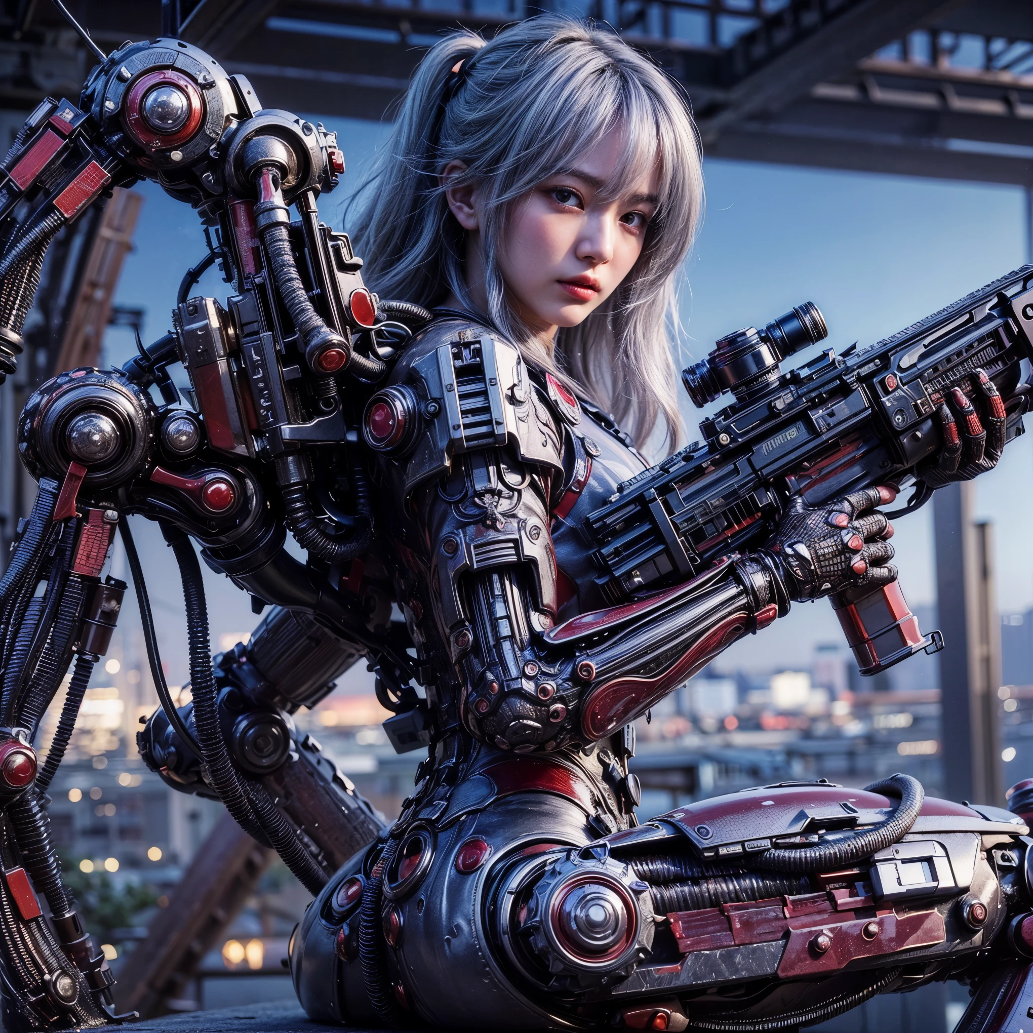 (top-quality:1.2, masterpiece), ultra high resolution, (Photorealsitic:1.4), (crab-base body),  1 Japanese female, extremely realistic face, (white hair), ((ultimately intricate all details)), (whole body picture), realistic shadow, octan render, glossy textures, character edge light, Details of complex ornaments,  dystopia with a beautiful view at night, fighting pose
