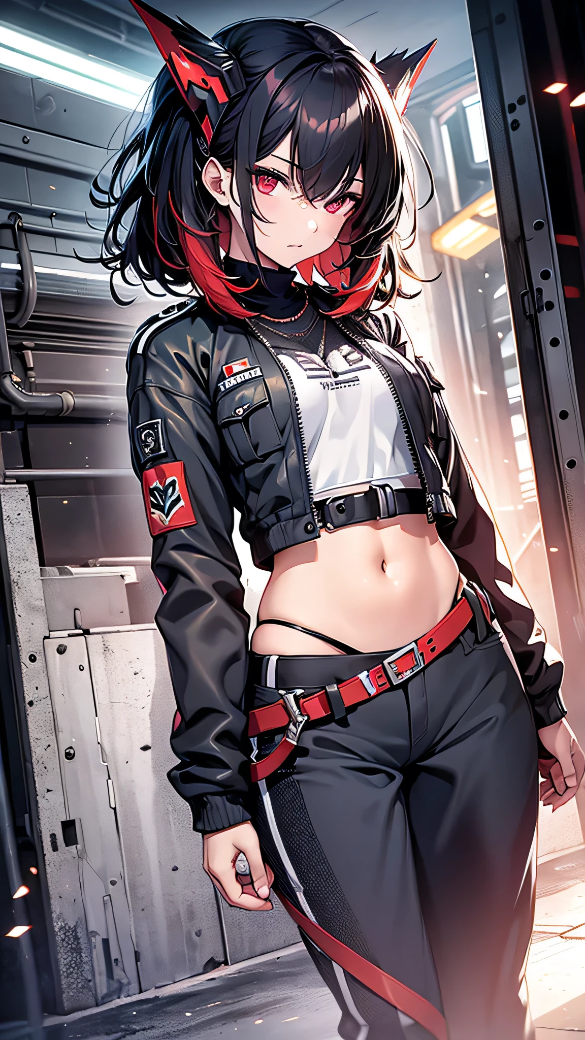 Highest quality、Highest quality、Masterpiece、girl((American、half、18-year-old、as soon as、Highest Bust、Medium Bust、Wide open chest、Red glowing eyes、Black Ear、Red Mesh、Disheveled Hair、Loincloth、thin、The best valley、Open chest、hair ornaments、Full body view、pants、shortTshirt、Random Pause))、high quality、Beautiful Art、background((military base))、flight、Flying Debris、Depth of text、movie、Visual Arts、Perfect Art、8K、Genuine、Special Angles