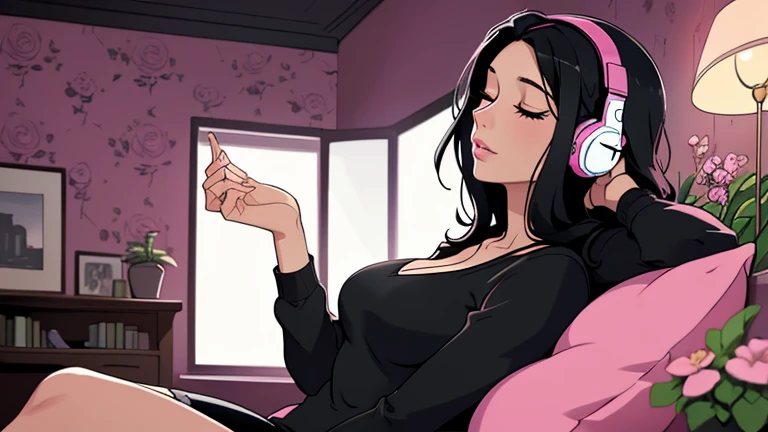 Beautiful woman in her 30s with black hair is sitting on the sofa with her eyes closed. and wearing headphones listening to music. Looking down, eyes closed, LOFI girl, alone in the room, V-neck blouse, cozy wallpaper, big cushion, bookshelf, beautiful flowers, relaxing mood, night core, cozy, wide glass window with skyscrapers, outside view at night, only five fingers, dark room, pink wall,