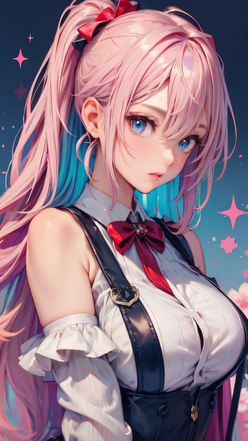 8K quality、quality、on the table、super high image quality、Super detailed、Super realistic hair texture、beautiful women in bright colors、long and beautiful hair、shiny heine hair mesh、ponytail、blue eyes、Glossy, glowing skin、(((Wearing suspenders)))、Very huge big、off shoulder、laughter、soft pink lips、ultra-realistic sensuality、cheeks turn red、Background of the summer festival