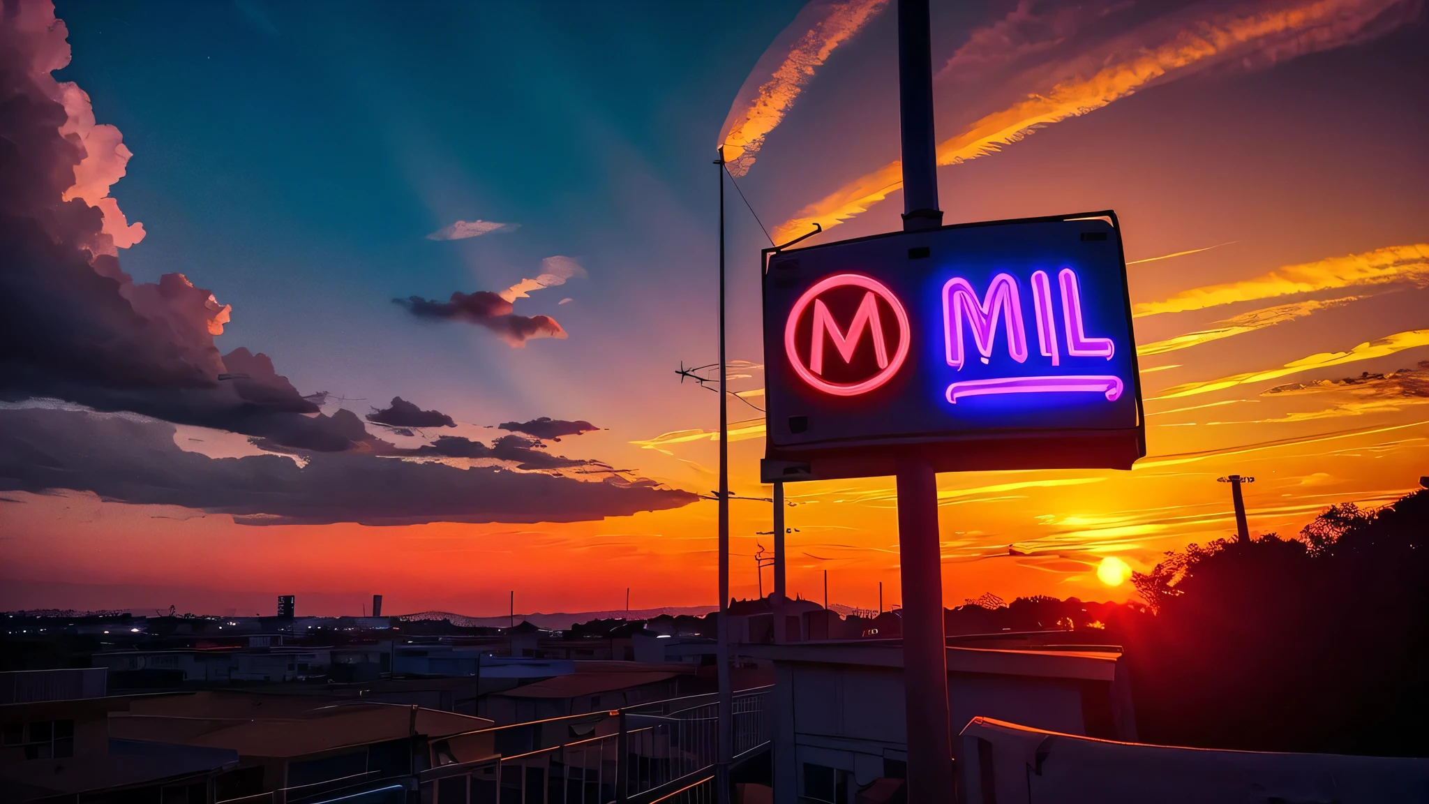 A captivating view of a retro 'MOTEL' sign illuminated by neon lights, set against the backdrop of a stunning sunset. The sky features a gradient of warm colors from orange to purple, with dramatic clouds enhancing the visual appeal. The sign's glow adds a nostalgic touch to the scene.
