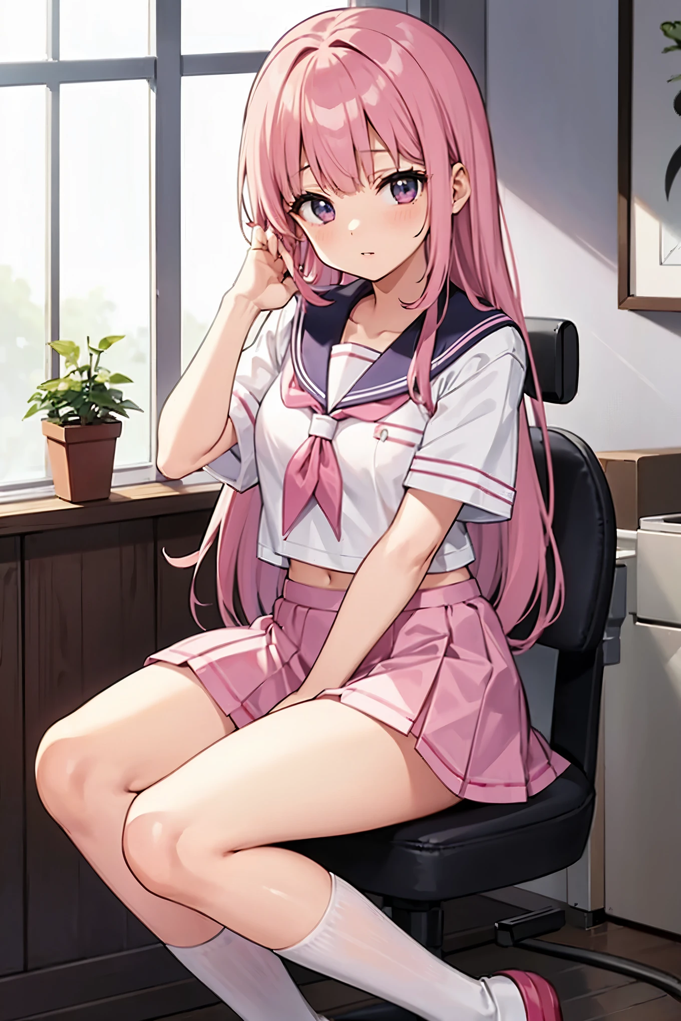 Sick pink haired high school girl in sailor suit in a miniskirt with punny punis in the infirmary
