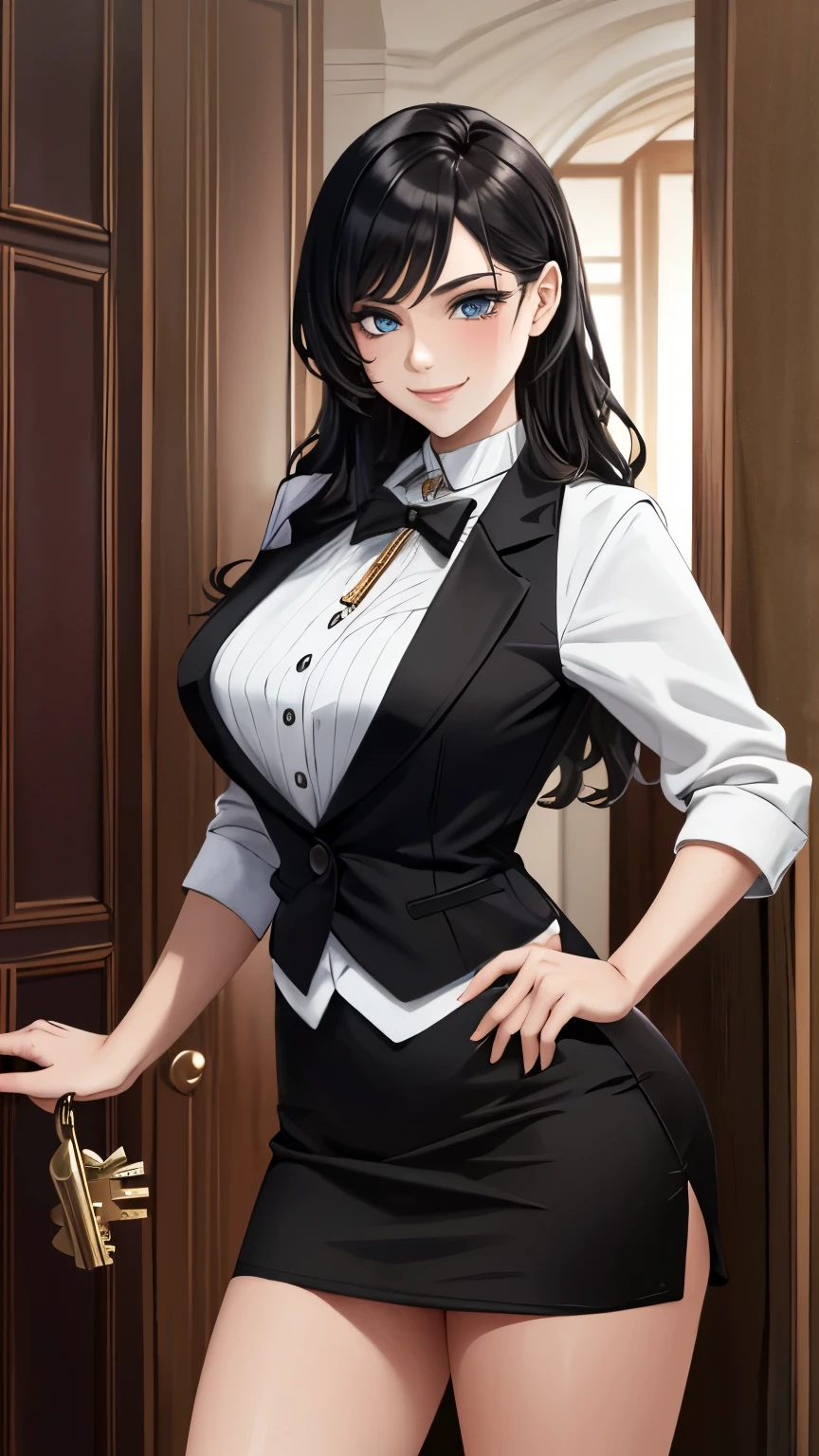 masterpiece, Superior Quality, High resolution, masterpiece, One adult woman, Wicked Smile, Wicked Smile, Evil plan, Brown fur, Black and white outfit , Long Hair, Get the Eyes, mini skirt, Rooms in the house, Holding the key in hand