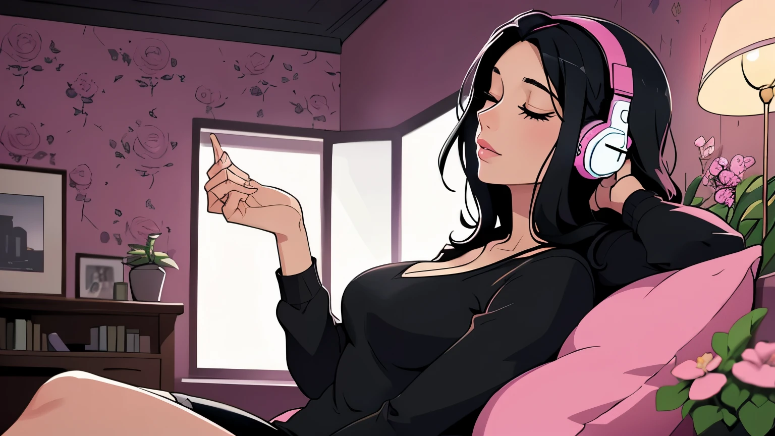 Beautiful woman in her 30s with black hair is sitting on the sofa with her eyes closed. and wearing headphones listening to music. Looking down, eyes closed, LOFI girl, alone in the room, V-neck blouse, cozy wallpaper, big cushion, bookshelf, beautiful flowers, relaxing mood, night core, cozy, wide glass window with skyscrapers, outside view at night, only five fingers, dark room, pink wall,