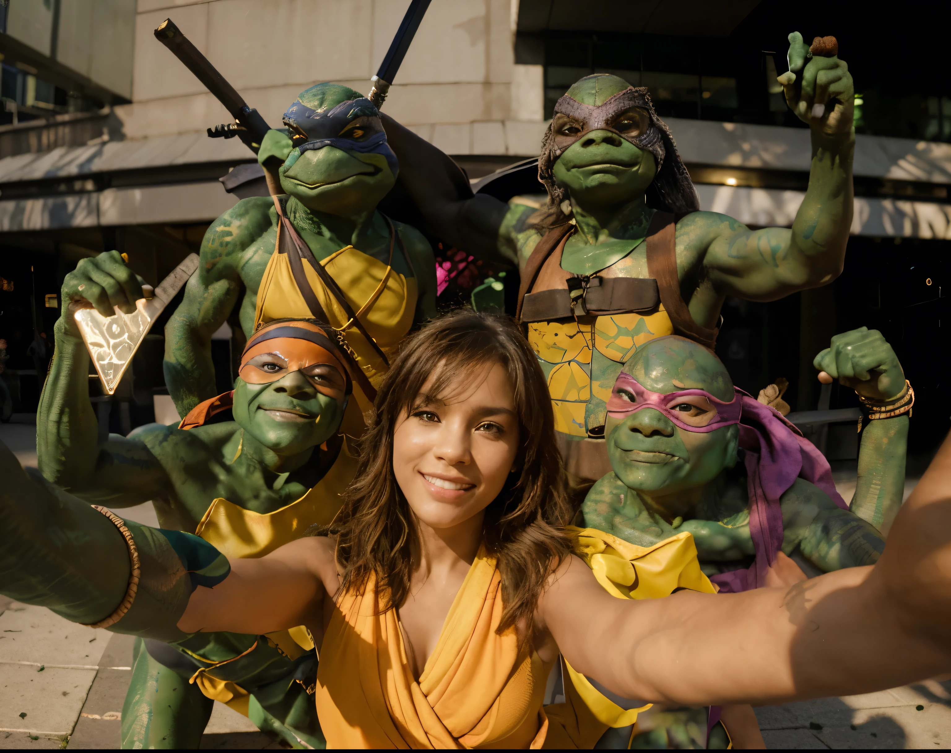 (Best quality, 8k, 32k, Masterpiece, UHD:1.2) Transform the setting of this image to feature April O'Neal taking a selfie with the Teenage Mutant Ninja Turtles in the background on the streets of New York City. The environment should showcase the urban landscape with detailed buildings, street elements, and a vibrant city atmosphere.

Introduce April O'Neal in the foreground, holding her phone and smiling as she takes a selfie. The Teenage Mutant Ninja Turtles should be in the background, visible in the selfie shot. They should have realistic reptilian details and textures while maintaining their humanoid appearance, with 3 finger digits and two toes. Leonardo, with a textured blue bandana, should have smooth, greenish-brown skin and a detailed shell featuring subtle patterning. Michelangelo, wearing an orange bandana, should have a speckled, olive-green skin tone with webbed fingers and toes. Donatello, in a purple bandana, should exhibit darker, rugged skin with patches of mottled brown. Raphael, sporting a red bandana, should have rougher skin texture with visible veins and a deep green hue.

Highlight their reptilian nature with realistic skin textures, scales, and moist surfaces. Each turtle should be depicted in a casual, playful pose, reflecting their unique personalities.

The lighting should be dynamic, with contrasted shadows and highlights that accentuate their forms and the details of their surroundings. Utilize the environmental lighting from the city, such as streetlights, neon signs, and illuminated windows, to cast realistic glows and reflections on April, the turtles, and urban elements.

Ensure the scene captures the energy and excitement of the turtles enjoying a moment on the bustling streets of New York City, with the towering buildings and city lights providing a dramatic and engaging backdrop.