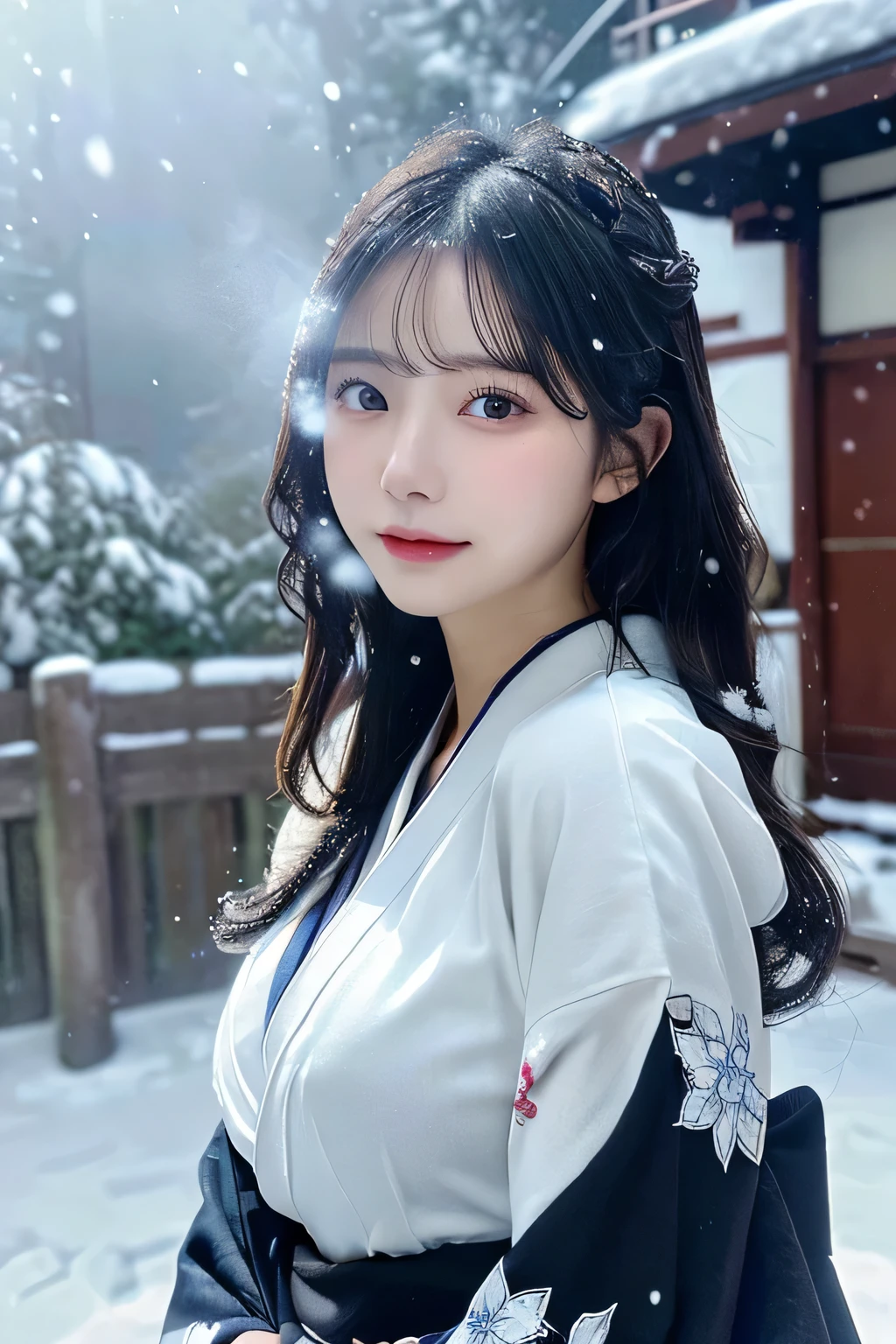 (Kimono)、、(top-quality,​masterpiece:1.3,超A high resolution,),(ultra-detailliert,Caustics),(Photorealsitic:1.4,RAW shooting,)Ultra-realistic capture,A highly detailed,high-definition16Kfor human skin、 Skin texture is natural、、The skin looks healthy with an even tone、 Use natural light and color,One Woman,japanes,,kawaii,A dark-haired,Middle hair,(depth of fields、chromatic abberation、、Wide range of lighting、Natural Shading、)、、(Falling snow:1.3)、(Hair swaying in the wind:1.3)、(Snow reflects light:1.3)  、(Large Breasts:1.3)、