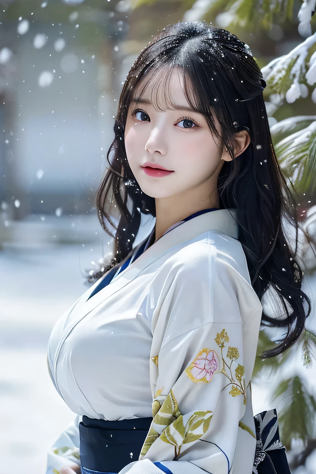 (Kimono)、、(top-quality,masterpiece:1.3,超A high resolution,),(ultra-detailliert,Caustics),(Photorealsitic:1.4,RAW shooting,)Ultra-realistic capture,A highly detailed,high-definition16Kfor human skin、 Skin texture is natural、、The skin looks healthy with an even tone、 Use natural light and color,One Woman,japanes,,kawaii,A dark-haired,Middle hair,(depth of fields、chromatic abberation、、Wide range of lighting、Natural Shading、)、、(Falling snow:1.3)、(Hair swaying in the wind:1.3)、(Snow reflects light:1.3) 、(Large Breasts:1.3)、
